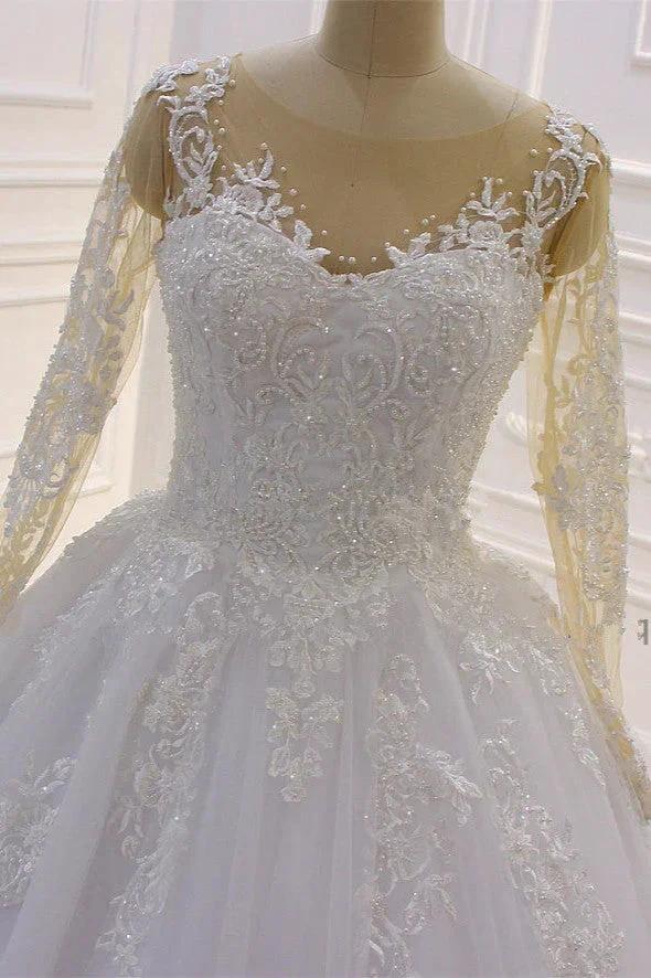 Gorgeous Long A-Line Bateau Pearl Tulle Appliques Lace Wedding Dress with Sleeves - Image 3