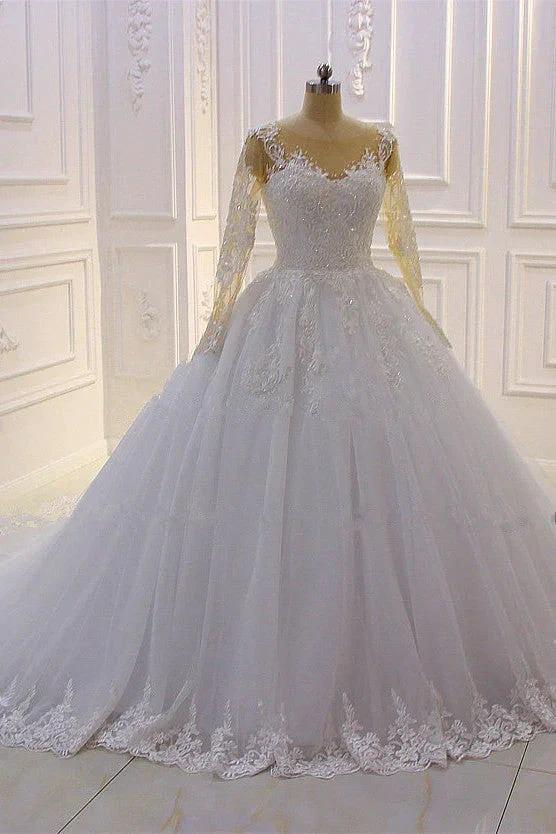 Gorgeous Long A-Line Bateau Pearl Tulle Appliques Lace Wedding Dress with Sleeves - Image 4