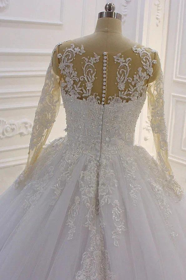 Gorgeous Long A-Line Bateau Pearl Tulle Appliques Lace Wedding Dress with Sleeves - Image 5