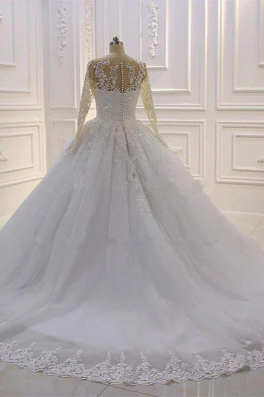 Gorgeous Long A-Line Bateau Pearl Tulle Appliques Lace Wedding Dress with Sleeves - Image 6