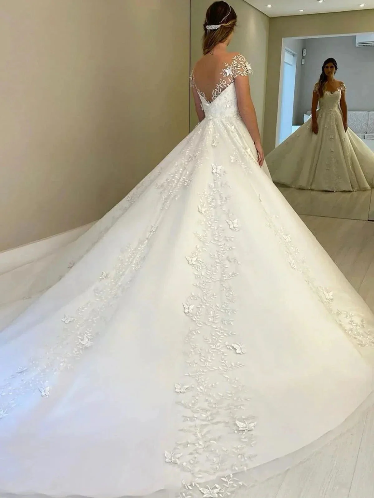 Gorgeous Long A-line Off Shoulder Lace Open Back Wedding Dresses with Cap Sleeves - Image 2