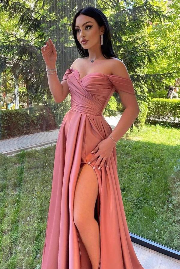 Gorgeous Long A-line Off the Shoulder Ruched Satin Prom Dress with Slit - Image 3