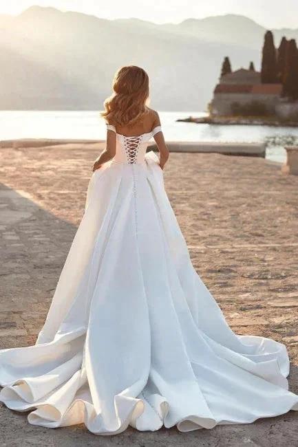 Gorgeous Long A-line Off-the-shoulder Satin Sleeveless Wedding Dresses With Glitter - Image 2