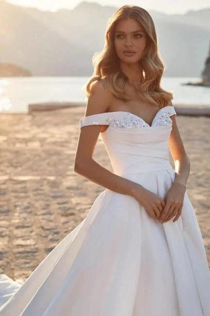 Gorgeous Long A-line Off-the-shoulder Satin Sleeveless Wedding Dresses With Glitter - Image 3