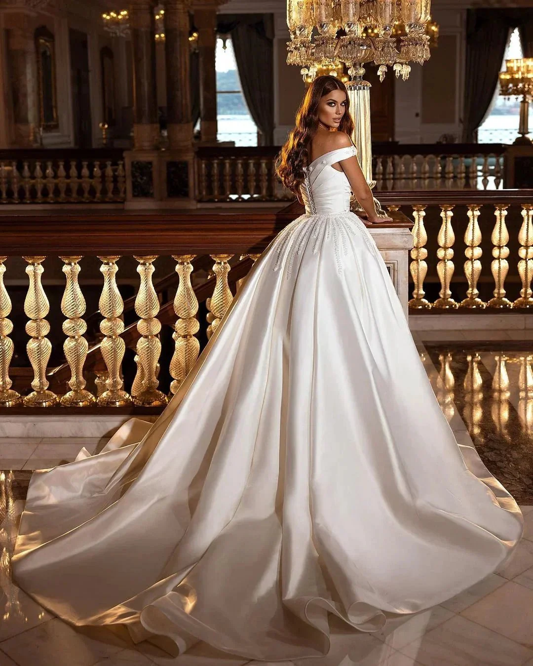Gorgeous Long A-Line Off-the-shoulder Sweetheart Backless Satin Wedding Dress - Image 3