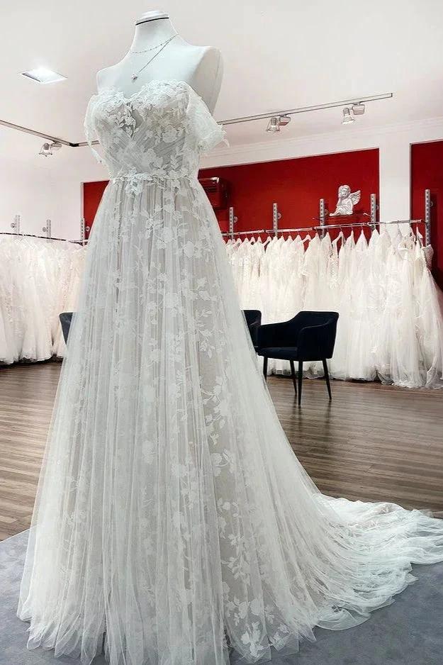 Gorgeous Long A-line Off-the-shoulder Tulle Appliques Lace Wedding Dress - Image 3