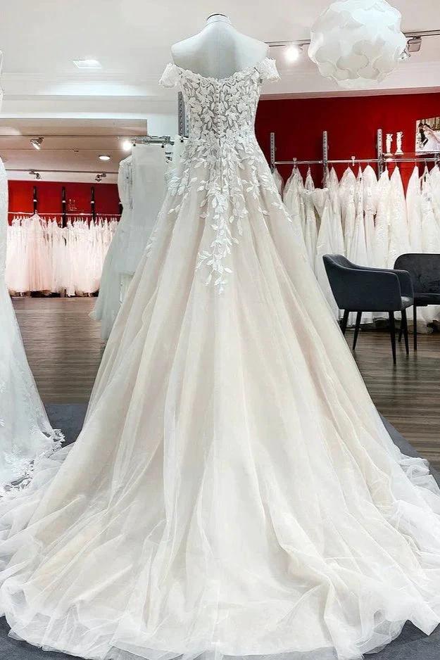 Gorgeous Long A-line Off-the-shoulder Tulle Lace Ruffles Wedding Dress - Image 2