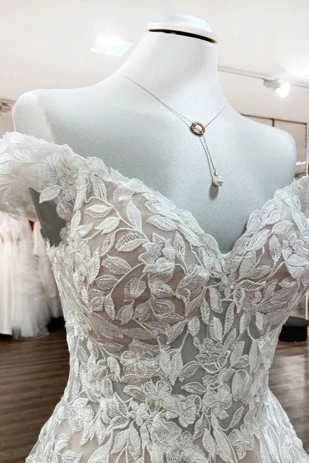 Gorgeous Long A-line Off-the-shoulder Tulle Lace Ruffles Wedding Dress - Image 4