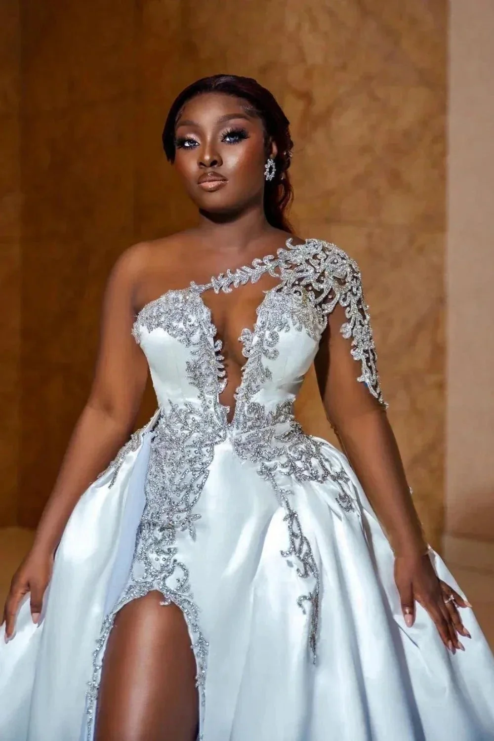 Gorgeous Long A-line Satin One Shoulder Beading Appliques Lace Wedding Dress with Slit - Image 2