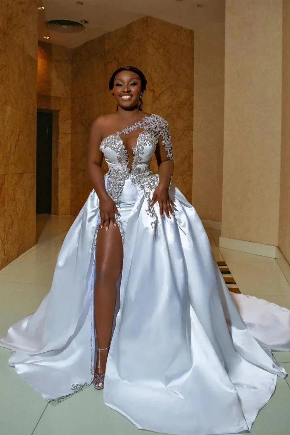 Gorgeous Long A-line Satin One Shoulder Beading Appliques Lace Wedding Dress with Slit - Image 4