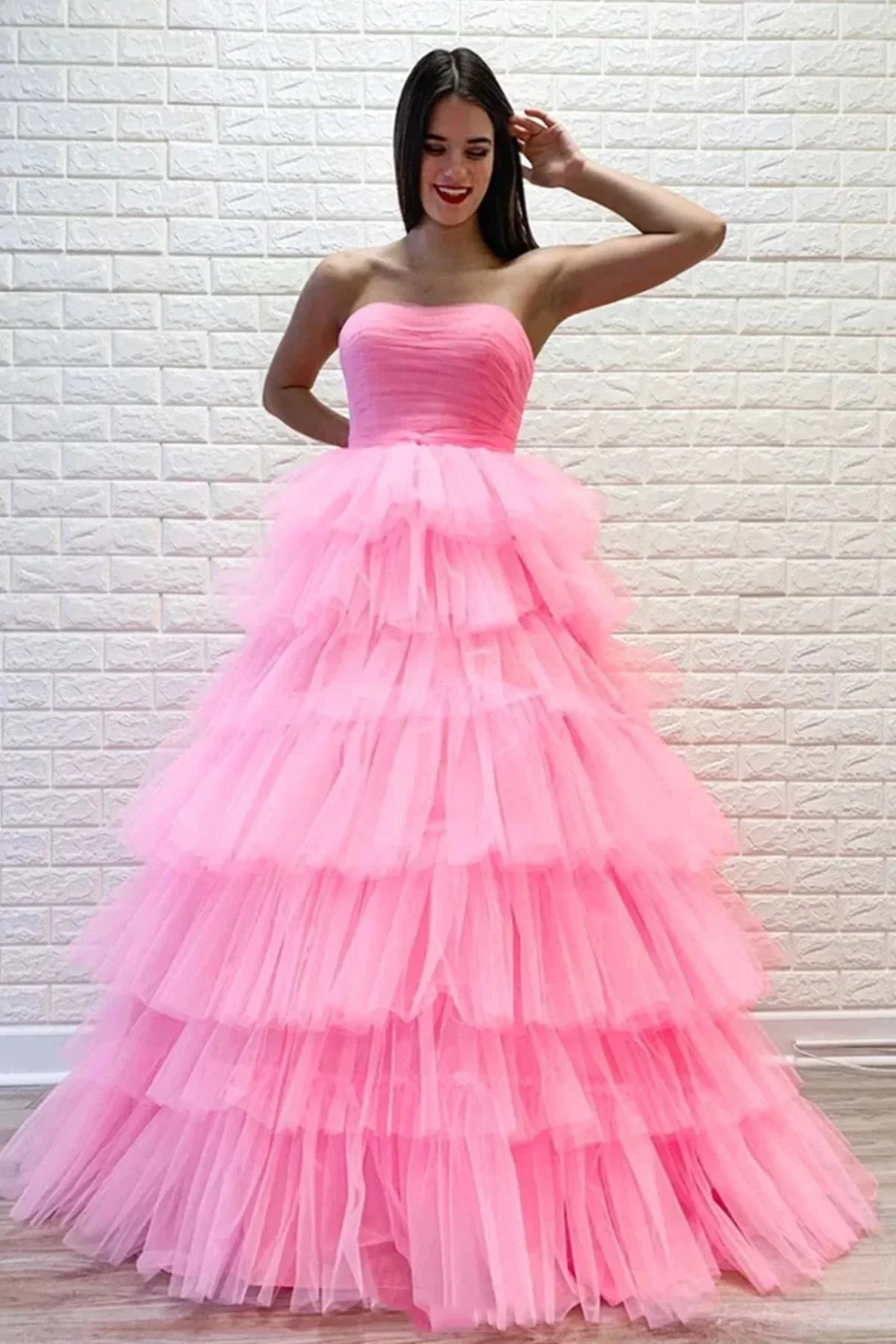 Gorgeous Long A-line Strapless Layered Tulle Prom Dress Pink Formal Evening Dresses - Image 2