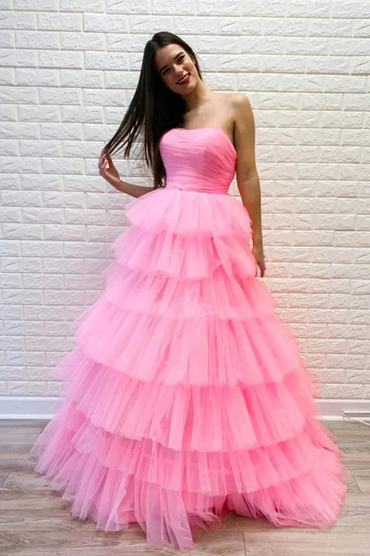 Gorgeous Long A-line Strapless Layered Tulle Prom Dress Pink Formal Evening Dresses - Image 3