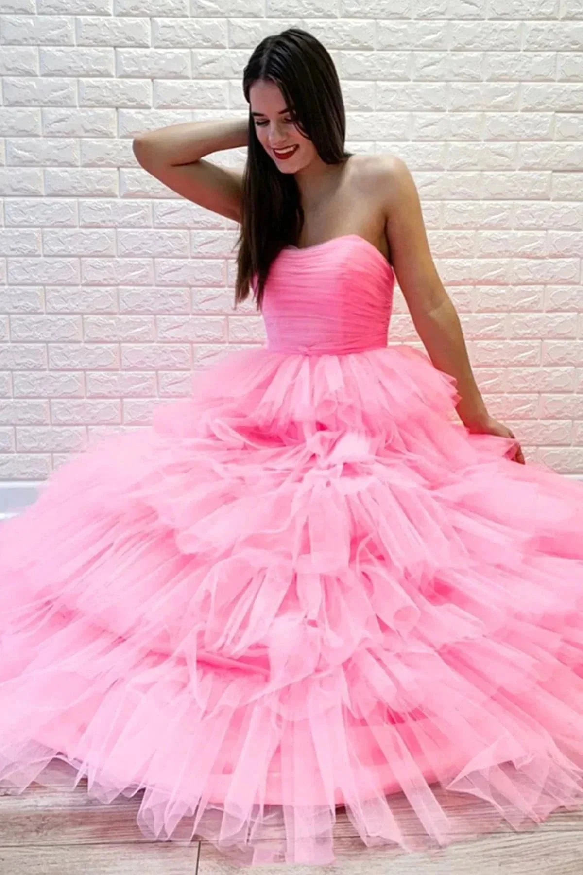 Gorgeous Long A-line Strapless Layered Tulle Prom Dress Pink Formal Evening Dresses - Image 4