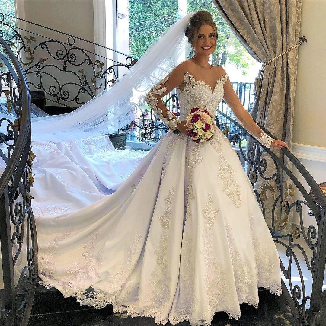 Gorgeous Long A-line Sweetheart Satin Lace Tulle Wedding Dress with sleeves - Image 2