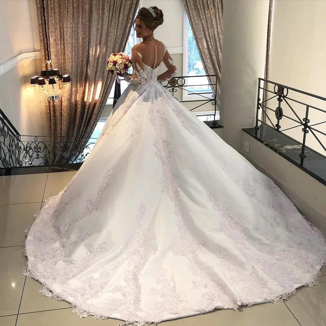 Gorgeous Long A-line Sweetheart Satin Lace Tulle Wedding Dress with sleeves - Image 3