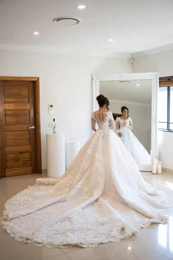 Gorgeous Long A-line Sweetheart Tulle Lace Open Back Wedding Dress with sleeves - Image 2