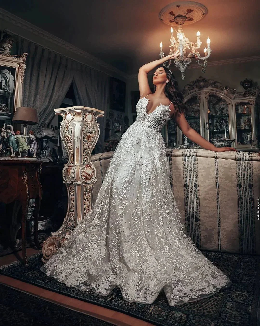 Gorgeous Long A-line V-neck 3D Floral Lace Wedding Dress - Image 3