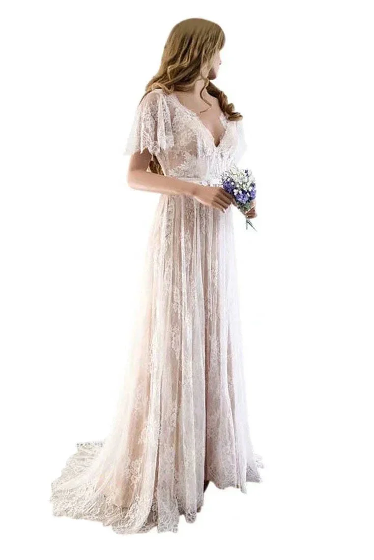 Gorgeous Long A-line V-Neck Lace Wedding Dresses with Cap Sleeves - Image 2