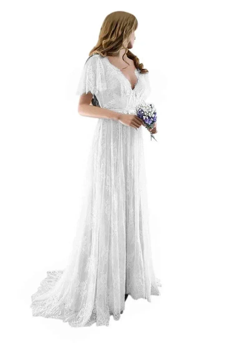 Gorgeous Long A-line V-Neck Lace Wedding Dresses with Cap Sleeves - Image 3