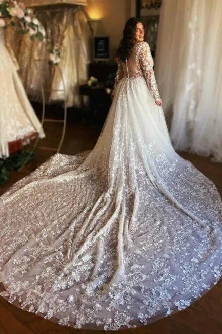 Gorgeous Long A-line V-neck Long Sleeves Lace Wedding Dresses with Train - Image 2
