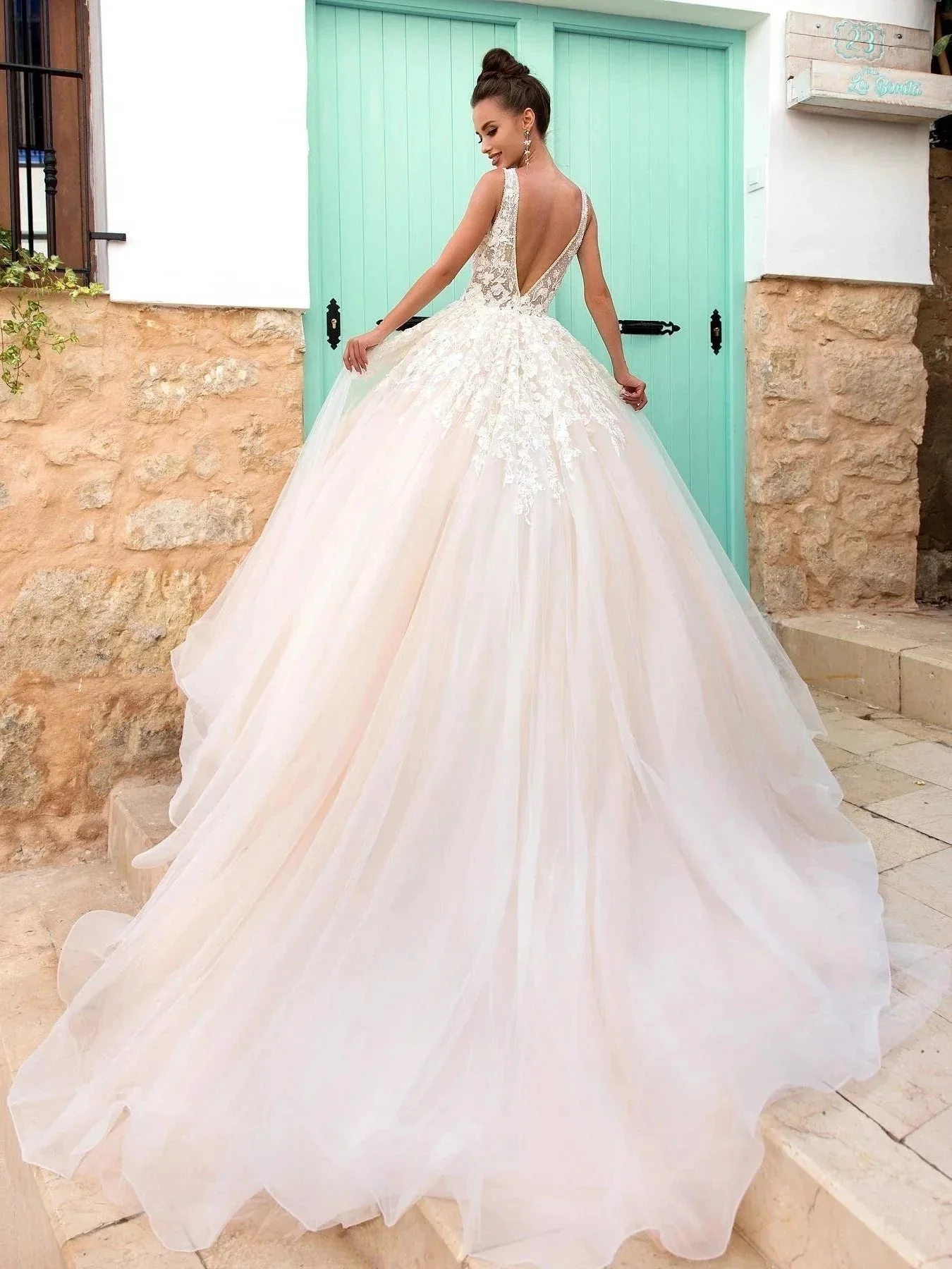 Gorgeous Long A-line V Neck Open Back Tulle Lace Graduation Prom Dresses - Image 2