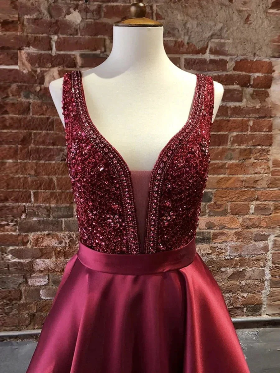 Gorgeous Long A-line V Neck Satin Graduation Prom Dresses with Beadings - Image 2