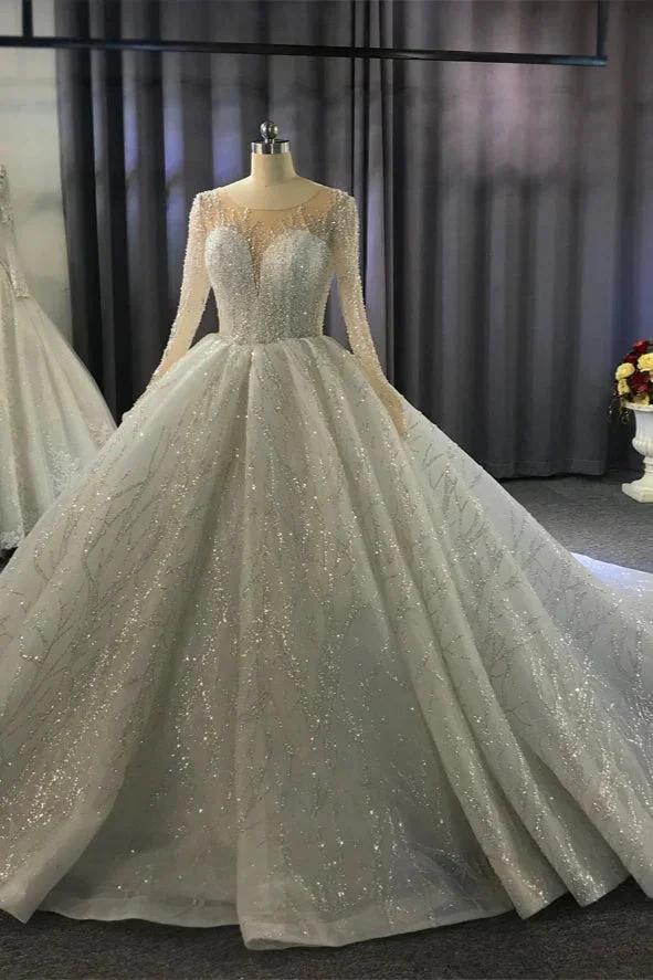 Gorgeous Long Ball Gown Bateau Crystal Wedding Dress with Sleeves - Image 10