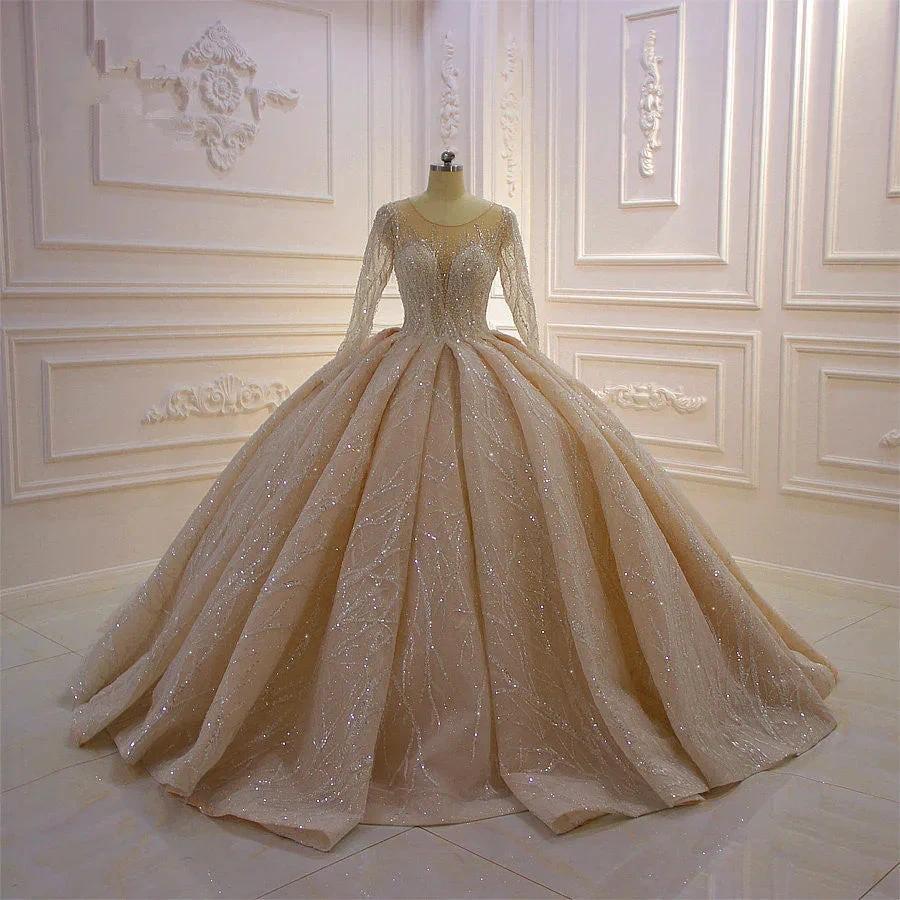 Gorgeous Long Ball Gown Bateau Crystal Wedding Dress with Sleeves - Image 2