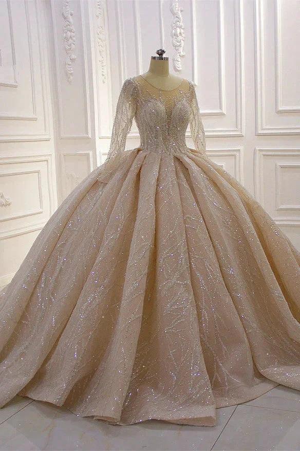Gorgeous Long Ball Gown Bateau Crystal Wedding Dress with Sleeves - Image 3