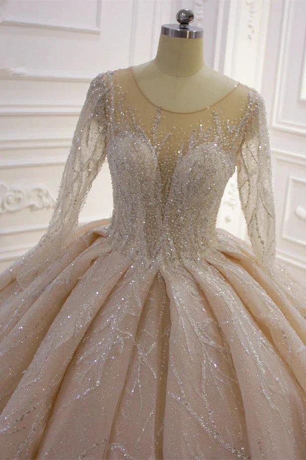 Gorgeous Long Ball Gown Bateau Crystal Wedding Dress with Sleeves - Image 4