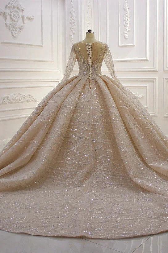 Gorgeous Long Ball Gown Bateau Crystal Wedding Dress with Sleeves - Image 5