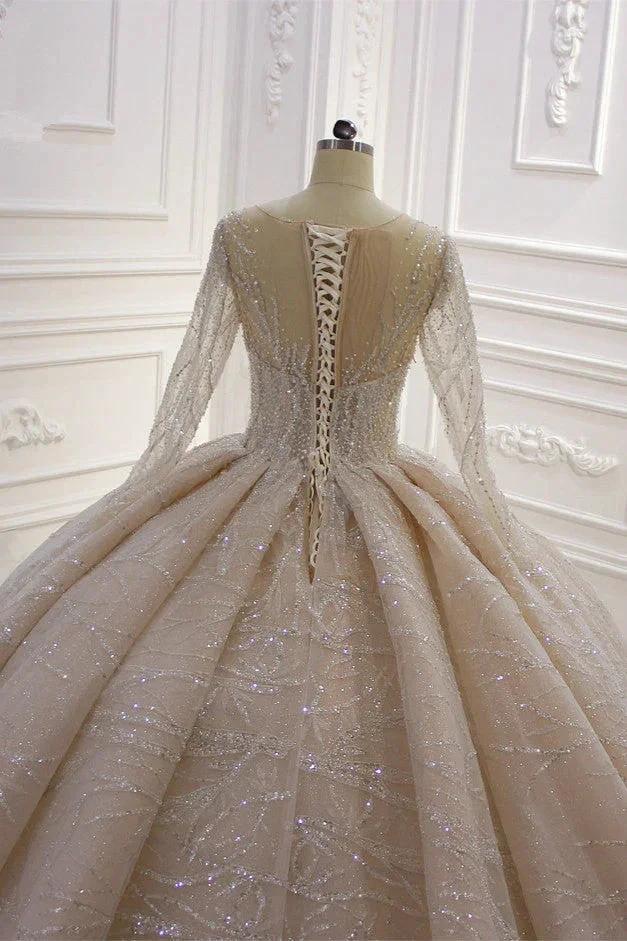 Gorgeous Long Ball Gown Bateau Crystal Wedding Dress with Sleeves - Image 6
