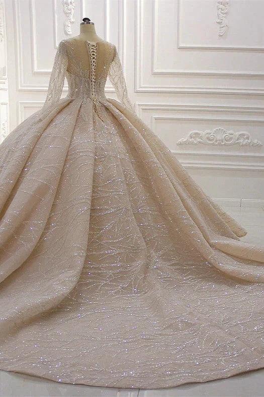 Gorgeous Long Ball Gown Bateau Crystal Wedding Dress with Sleeves - Image 7