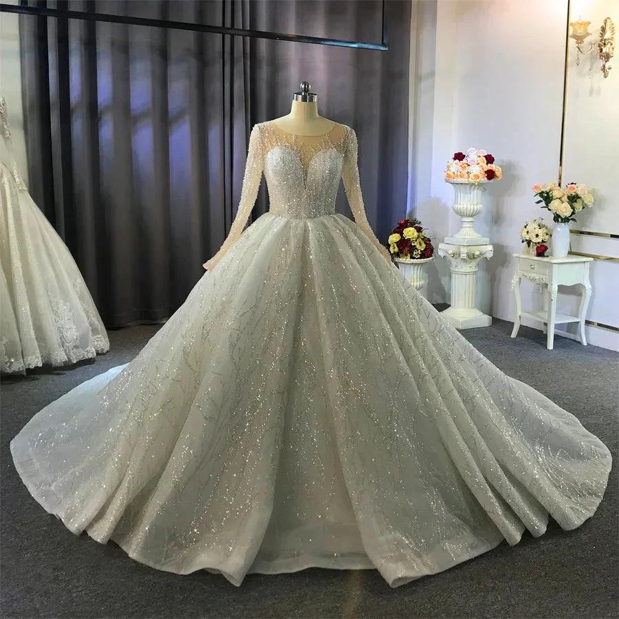 Gorgeous Long Ball Gown Bateau Crystal Wedding Dress with Sleeves - Image 8