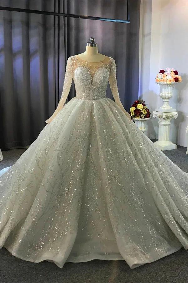 Gorgeous Long Ball Gown Bateau Crystal Wedding Dress with Sleeves - Image 9