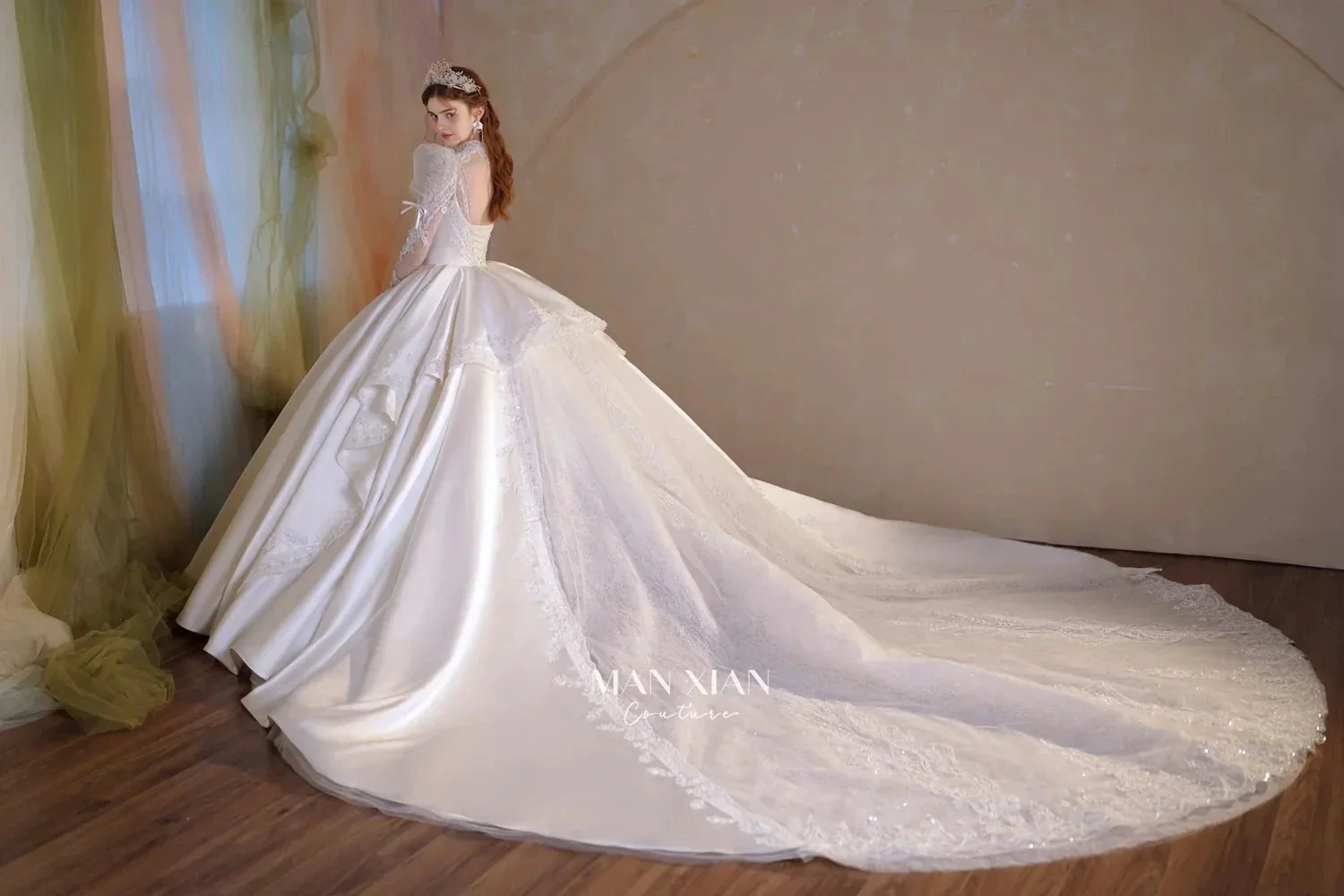 Gorgeous Long Ball Gown High Neck Sheer Long Sleeve Satin Wedding Dress with Crystal Embroidery & Train N002 - Image 10
