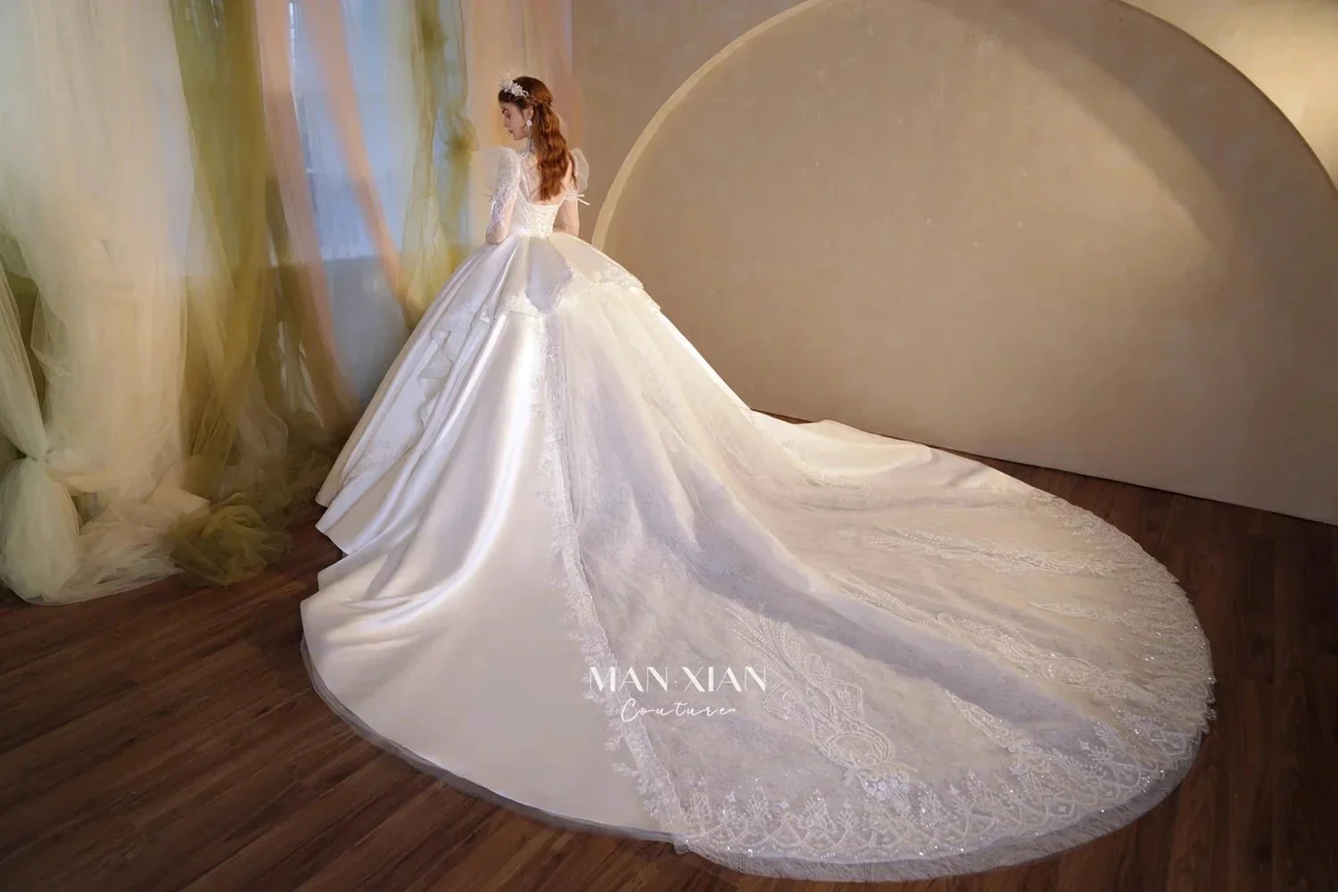 Gorgeous Long Ball Gown High Neck Sheer Long Sleeve Satin Wedding Dress with Crystal Embroidery & Train N002 - Image 11