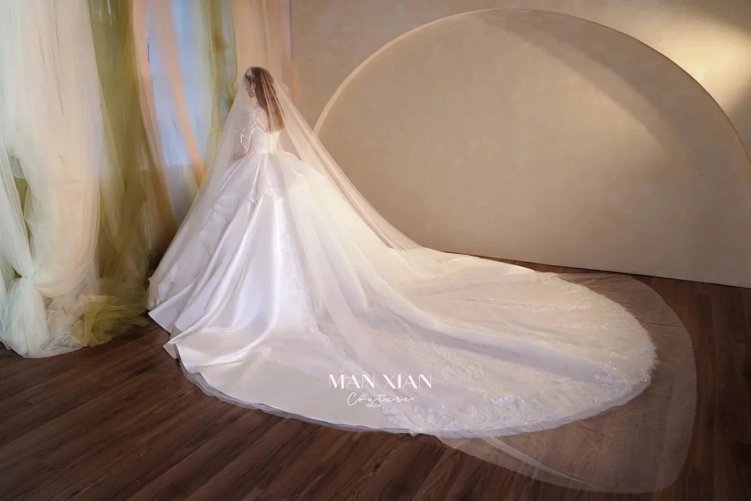Gorgeous Long Ball Gown High Neck Sheer Long Sleeve Satin Wedding Dress with Crystal Embroidery & Train N002 - Image 12