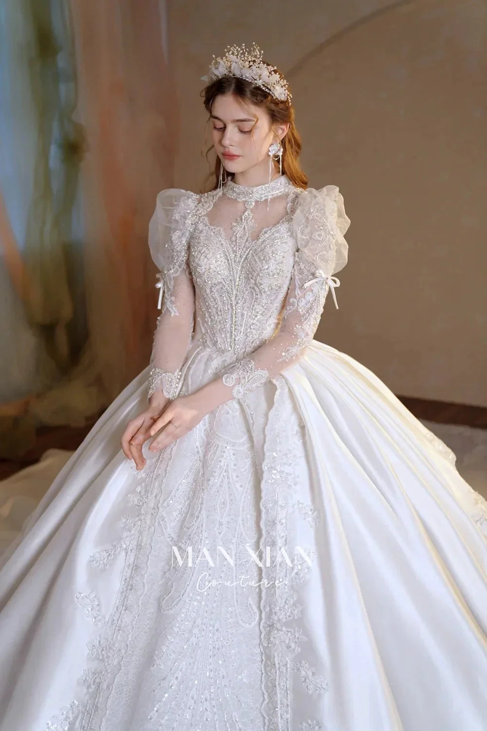 Gorgeous Long Ball Gown High Neck Sheer Long Sleeve Satin Wedding Dress with Crystal Embroidery & Train N002 - Image 2