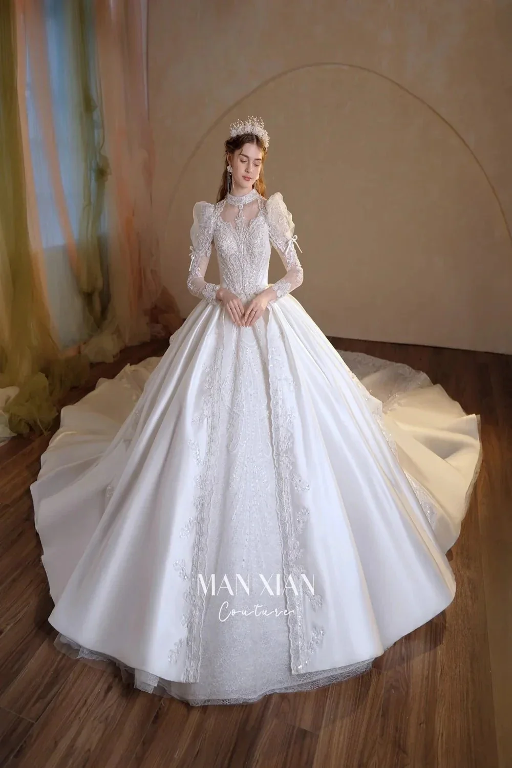 Gorgeous Long Ball Gown High Neck Sheer Long Sleeve Satin Wedding Dress with Crystal Embroidery & Train N002 - Image 3