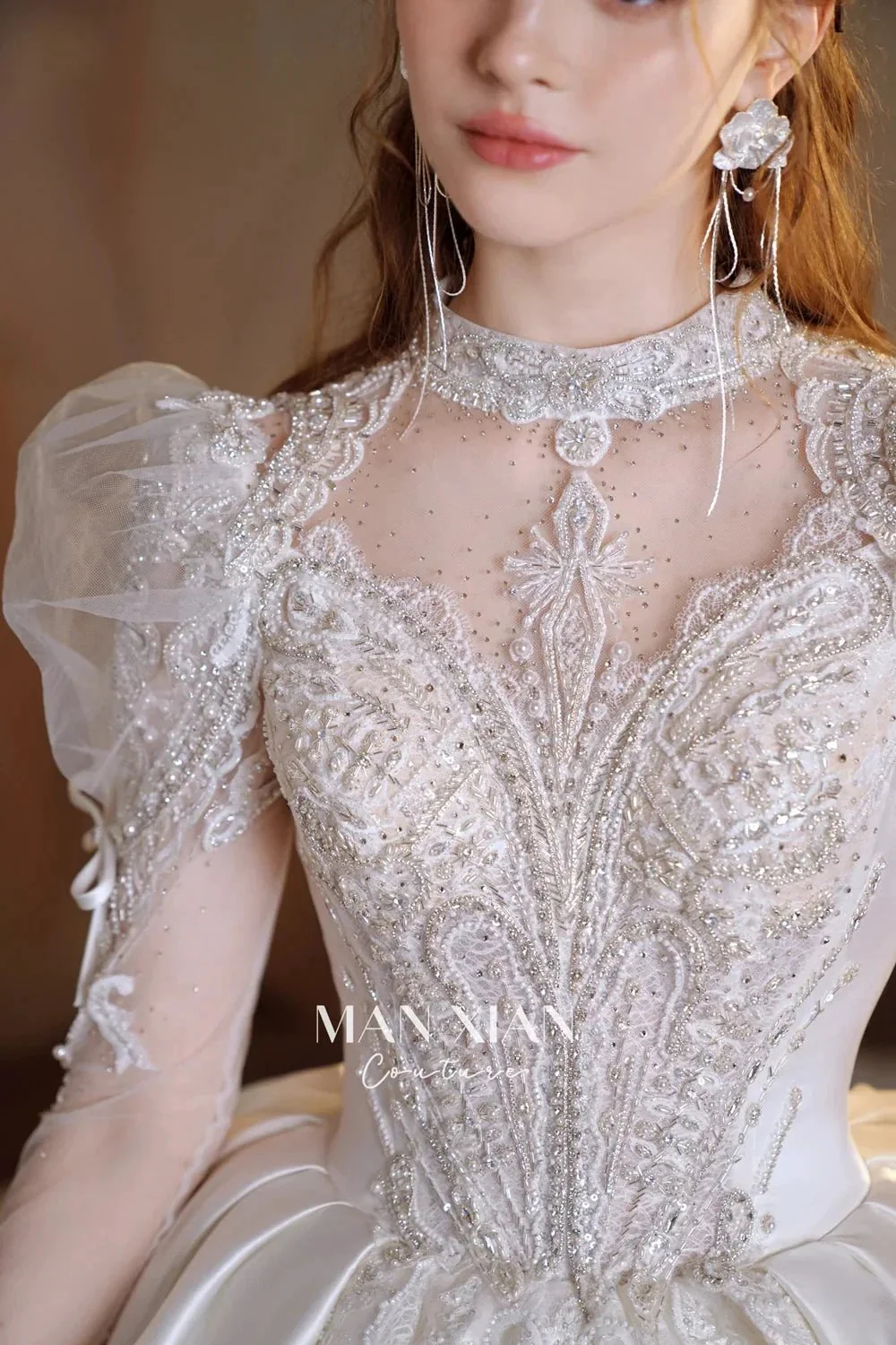 Gorgeous Long Ball Gown High Neck Sheer Long Sleeve Satin Wedding Dress with Crystal Embroidery & Train N002 - Image 4