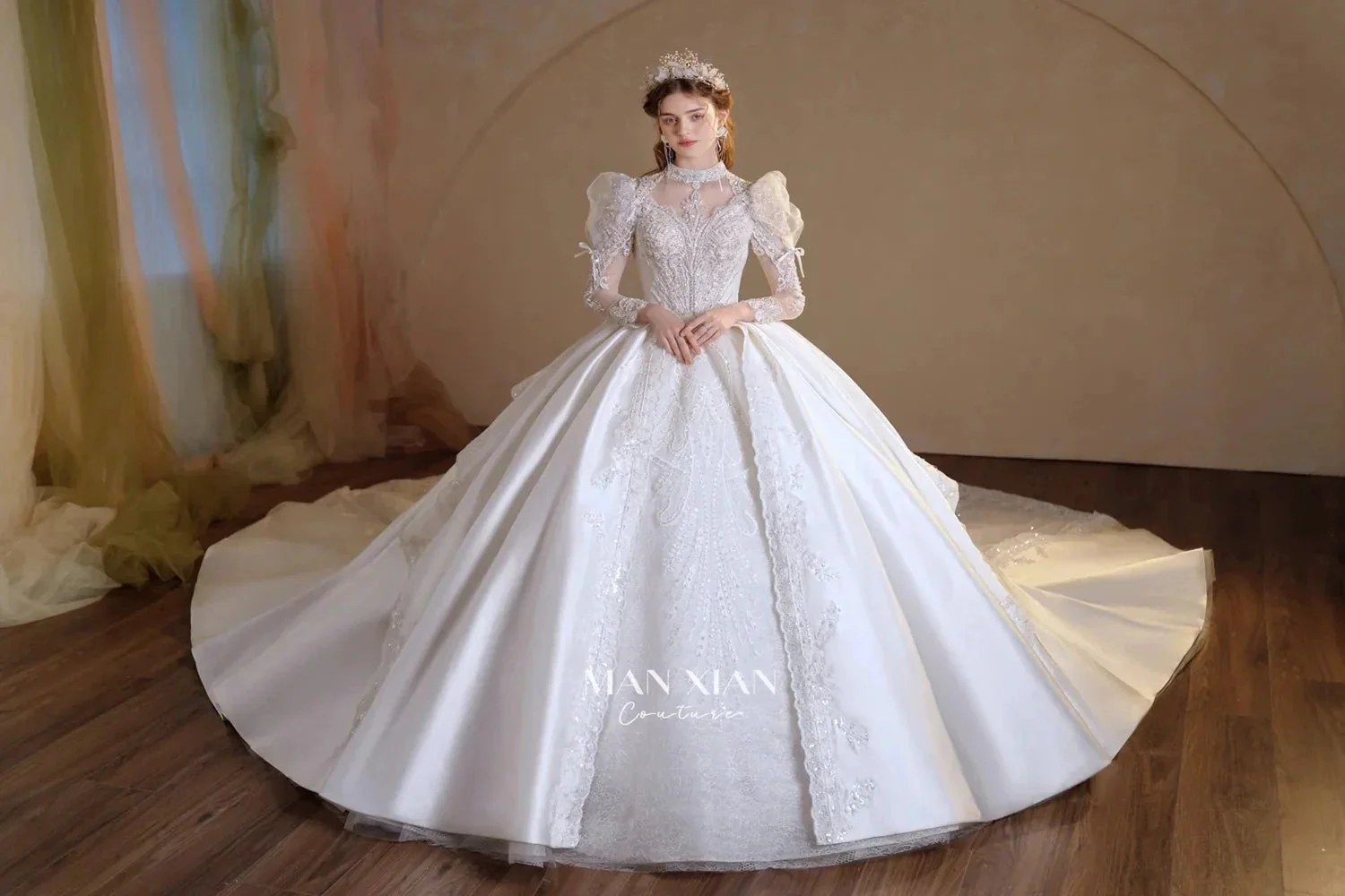 Gorgeous Long Ball Gown High Neck Sheer Long Sleeve Satin Wedding Dress with Crystal Embroidery & Train N002 - Image 5