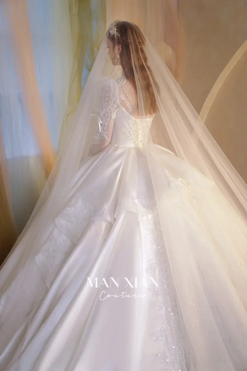 Gorgeous Long Ball Gown High Neck Sheer Long Sleeve Satin Wedding Dress with Crystal Embroidery & Train N002 - Image 6