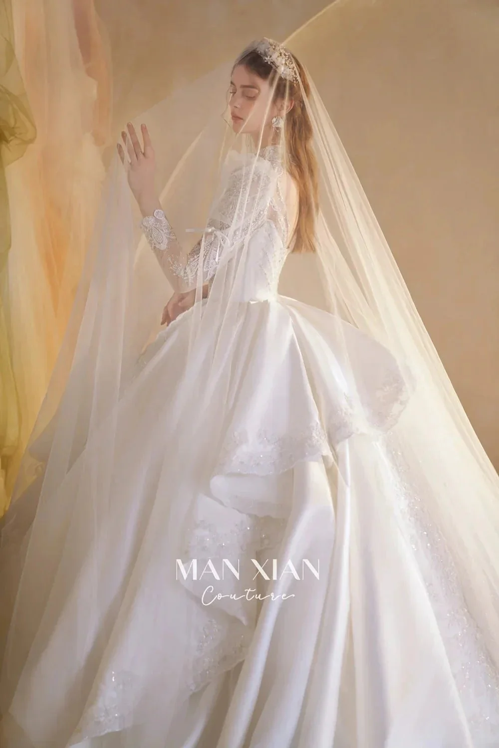 Gorgeous Long Ball Gown High Neck Sheer Long Sleeve Satin Wedding Dress with Crystal Embroidery & Train N002 - Image 7