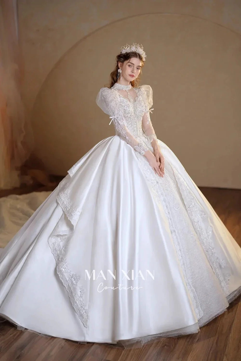 Gorgeous Long Ball Gown High Neck Sheer Long Sleeve Satin Wedding Dress with Crystal Embroidery & Train N002 - Image 8