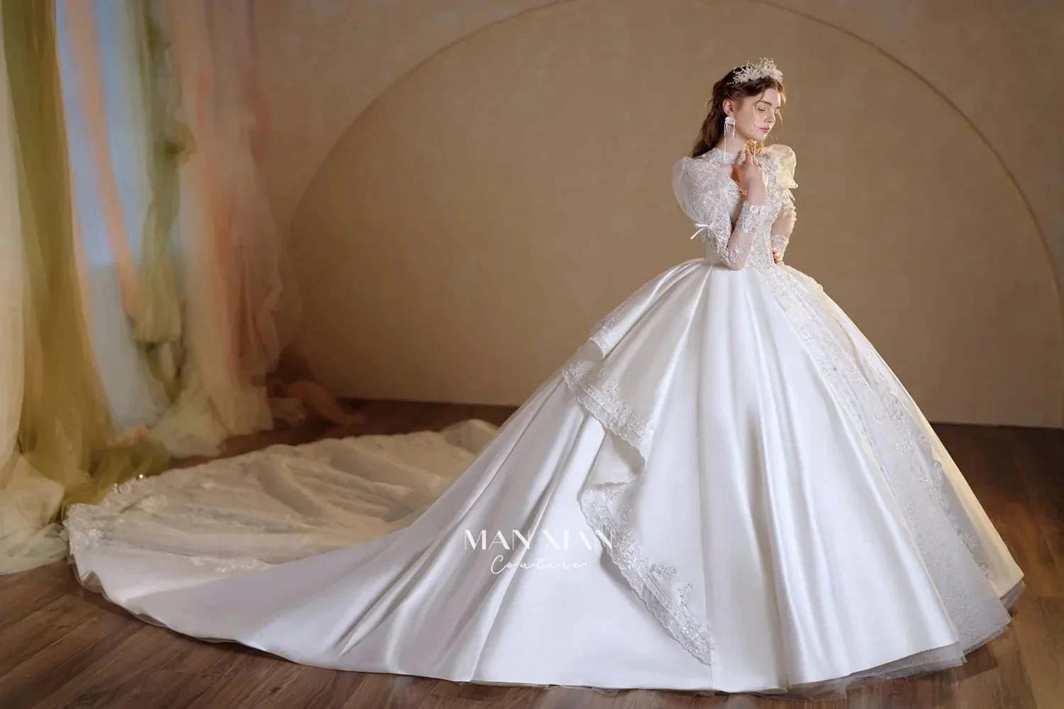 Gorgeous Long Ball Gown High Neck Sheer Long Sleeve Satin Wedding Dress with Crystal Embroidery & Train N002 - Image 9
