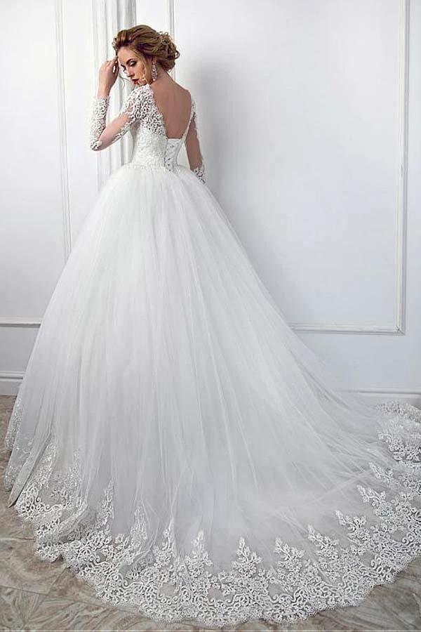 Gorgeous Long Ball Gown Jewel Tulle Lace Wedding Dress with Sleeves - Image 2