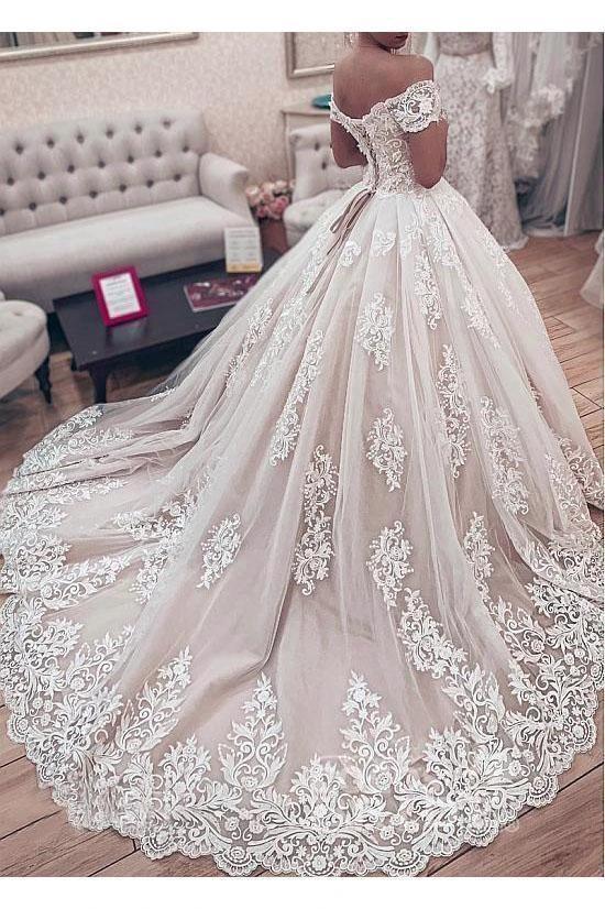 Gorgeous Long Ball Gown Off the Shoulder Lace Appliques Wedding Dress - Image 2