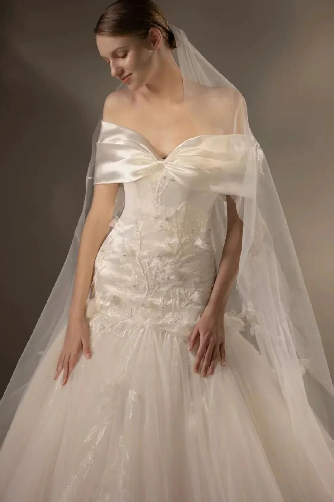 Gorgeous Long Ball Gown Off-the-Shoulder Satin & Tulle Wedding Dress with 3D Embroidery & Cathedral Train Q6013 - Image 2
