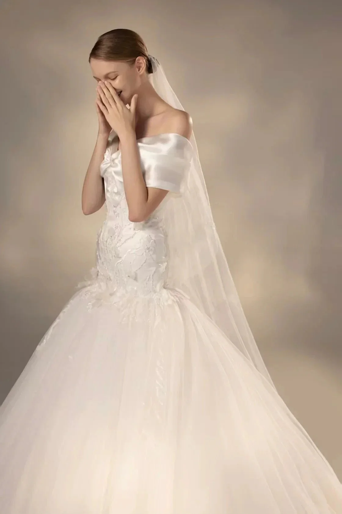 Gorgeous Long Ball Gown Off-the-Shoulder Satin & Tulle Wedding Dress with 3D Embroidery & Cathedral Train Q6013 - Image 3